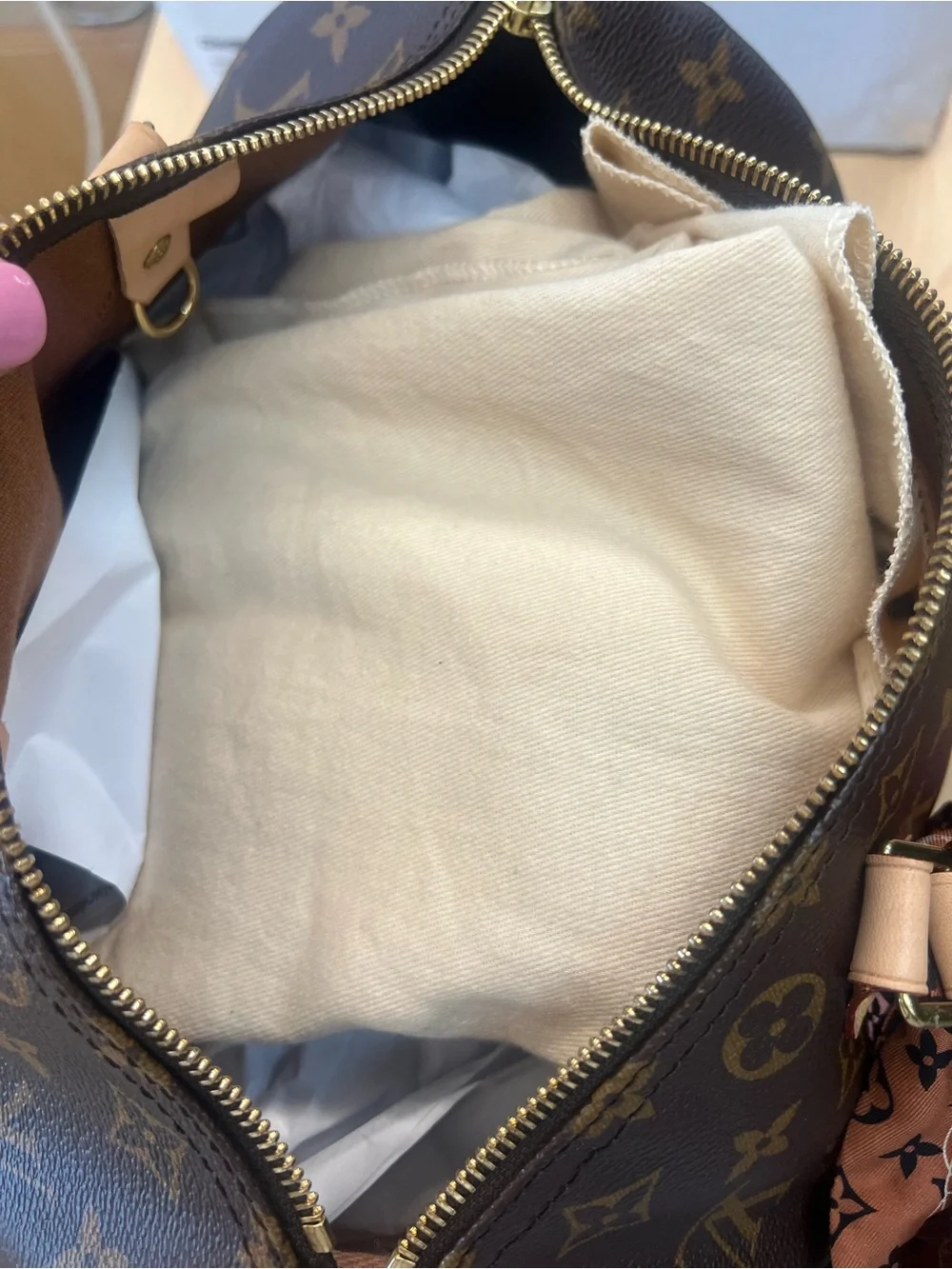 Louis Vuitton Brown Monogram speedy 30 with Pink Scarf and Multicolor Charm.